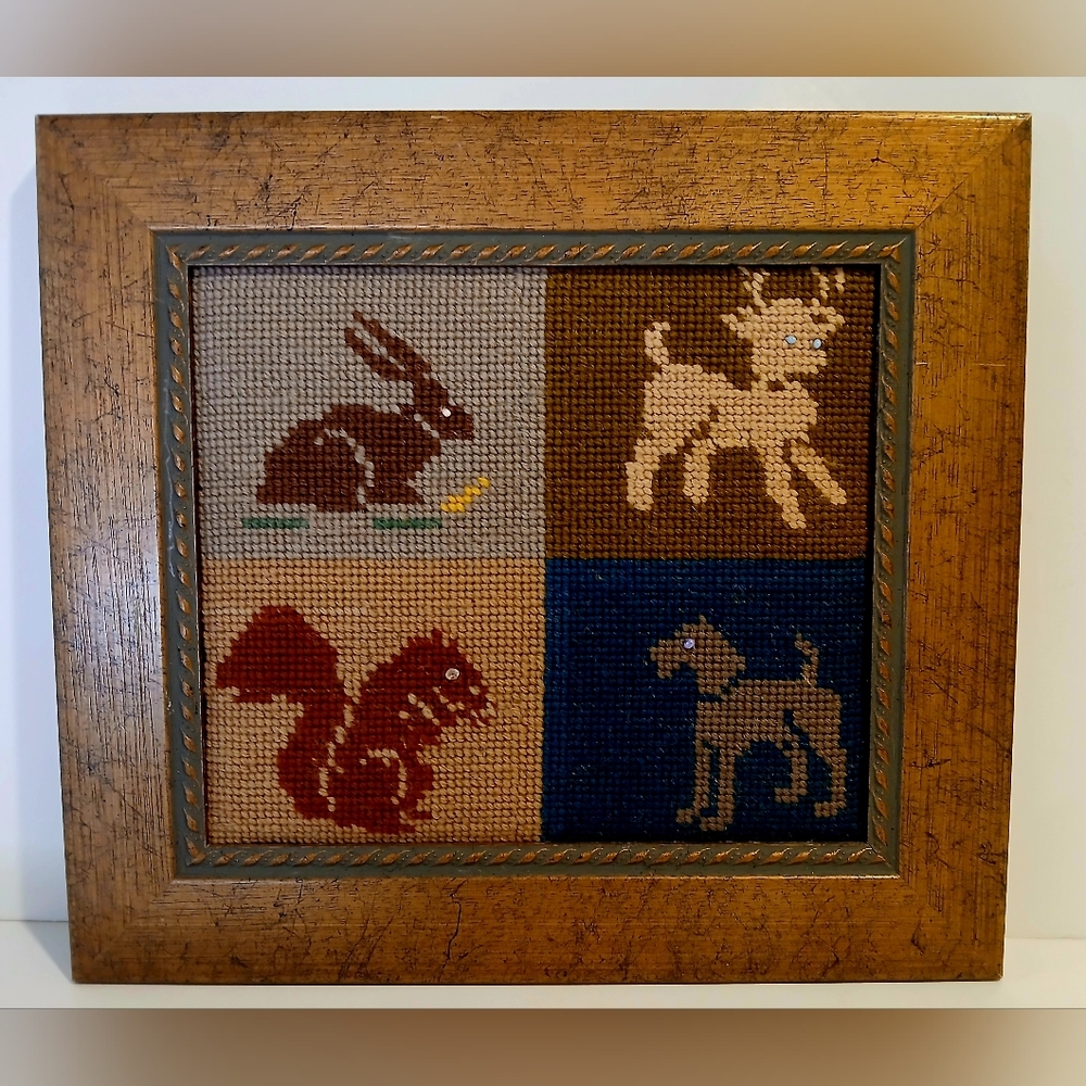 Vintage Wooden Framed Animal Needlepoint Art